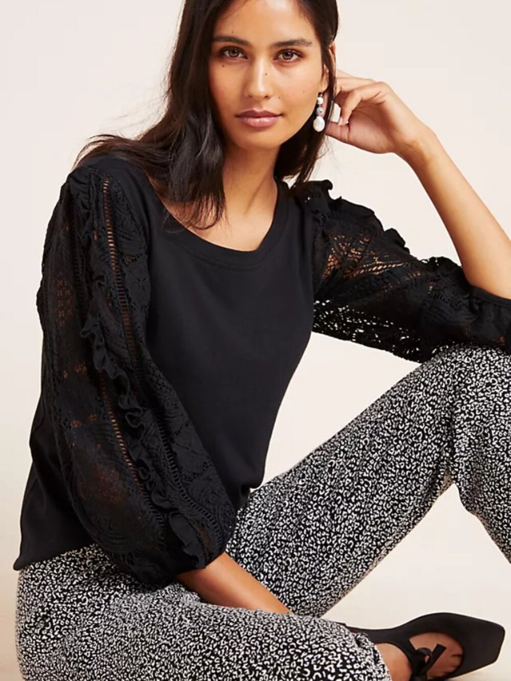 Anthropologie Nina Black Lace Crochet Ruffle Sleeve Top Small Whimsigoth